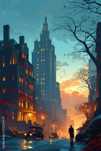 As the winter sun sets on the city, tall buildings and skyscrapers loom over a bustling street, lit by the warm glow of street lights and the last rays of a fiery sunset