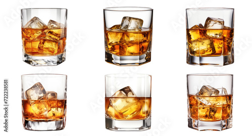 Collection of a glass of rich, amber whisky bourbon, symbolizing luxury and relaxation. Perfect for a refined audience seeking quality spirits. Transparent background, PNG