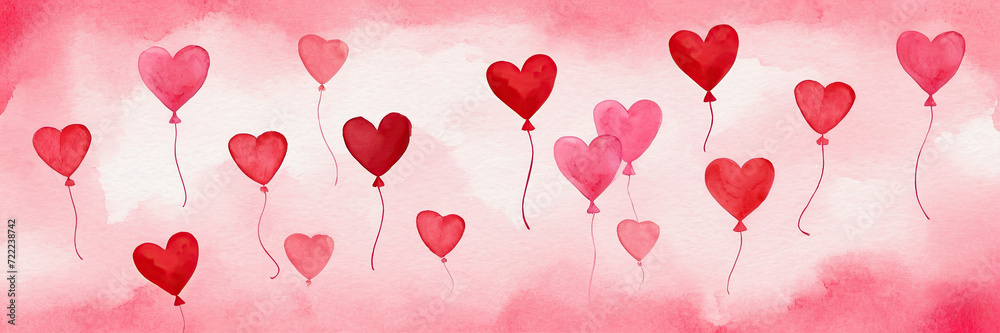 watercolor drawing Valentine's day background with red and pink hearts like balloons on pink background, flat lay