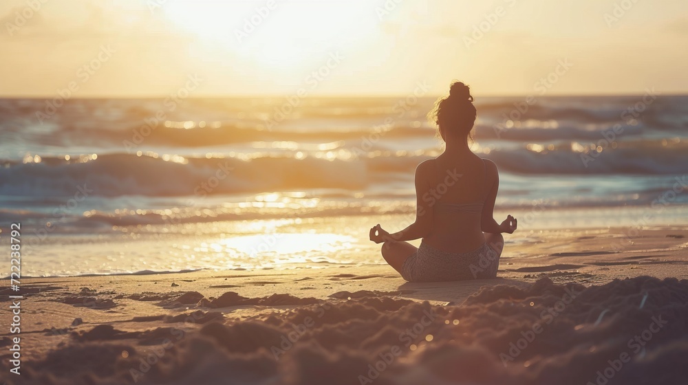 woman meditating on a beach at sunrise