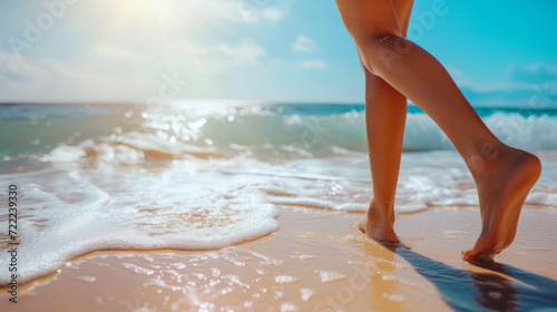 bare feet of a girl walk on Tropical Sand Beach to sea water. summer vacation and travel concept. Close-up