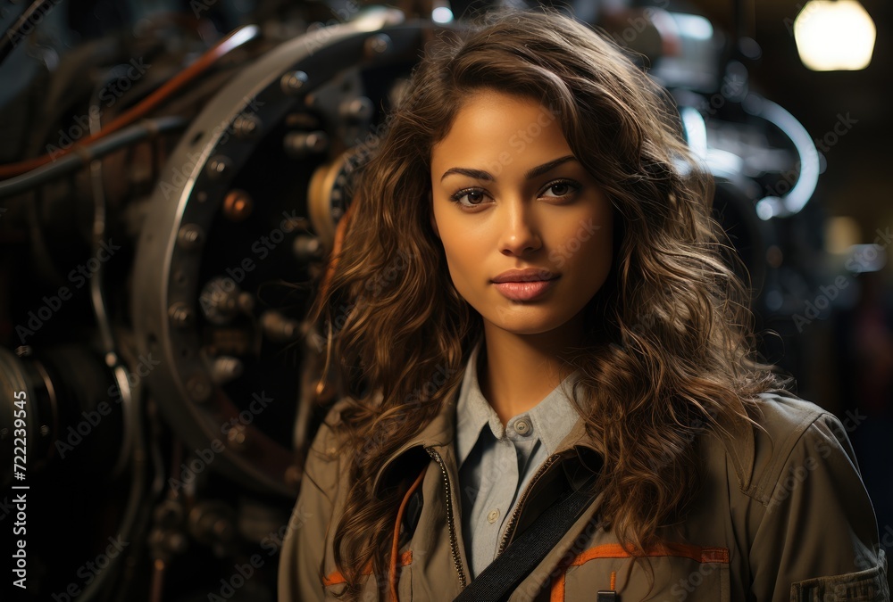 A young woman with flowing brown locks gazes thoughtfully indoors, her face framed by a stylish jacket and captivating human features A young woman with flowing brown locks gazes thoughtfully indoors, her face framed by a stylish jacket and captivating human features