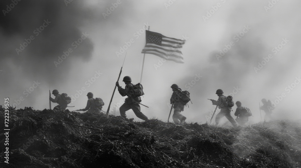 US Army Soldiers with Flag, Historic Freedom Fight, Generative AI