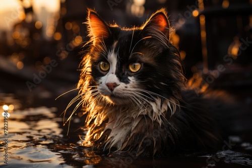 A curious domestic cat bravely explores the unknown depths of a tranquil pond, its piercing yellow eyes and delicate whiskers a testament to its innate grace and adaptability as a beloved mammal of t