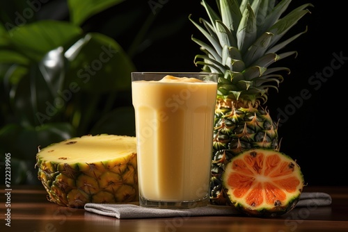 A vibrant citrus treat awaits, as a succulent pineapple rests upon a table amidst a lush indoor oasis of natural foods and plants, accompanied by a refreshing glass of yellow liquid