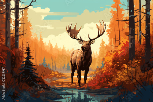 Illustration of an Moose (Alces alces) in a forest