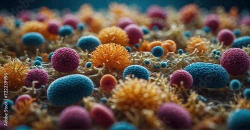 Macro shot capturing the microscopic world of the gut microbiome, showcasing a diverse bacterial culture, healthy microorganisms, pathogens, and cells - a vibrant biology and virology backdrop