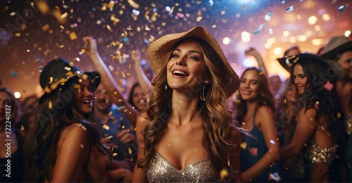 Crystal-clear 4K photograph capturing the lively atmosphere of women in festive cowboy hats, dancing and laughing amidst the magical 50mm confetti cascade within a spirited night club environment