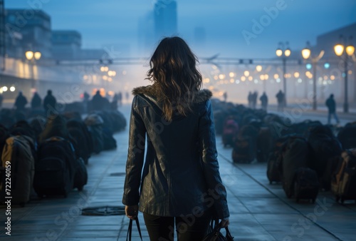 A fashionable woman braves the foggy city night, adorned in a stylish jacket and carrying bags of clothing, as she walks confidently down the street amidst towering buildings and a dark sky