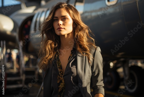 A confident woman in stylish clothing stands proudly in front of a sleek aircraft, ready to embark on her next adventure