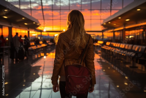 A solo traveler navigates the bustling airport at night, her brown jacket and backpack blending into the sea of luggage as she stands confidently amidst the chaotic indoor building, handbag in hand, 