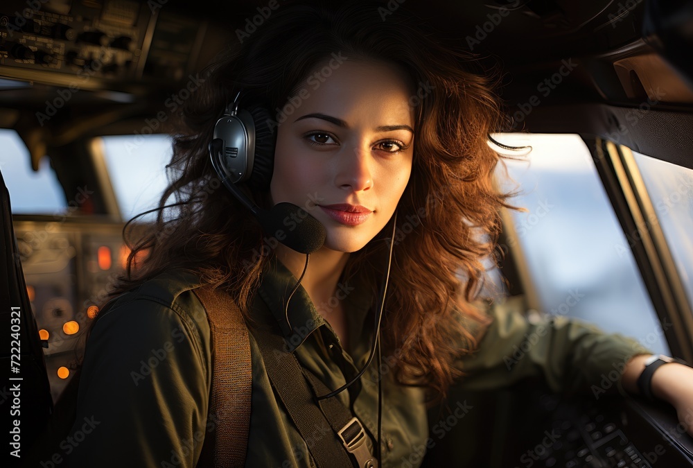 A woman gazes confidently out of the plane window, her long hair gently blowing in the wind, as she takes in the breathtaking outdoor scenery, a portrait of strength and beauty in her stylish attire A woman gazes confidently out of the plane window, her long hair gently blowing in the wind, as she takes in the breathtaking outdoor scenery, a portrait of strength and beauty in her stylish attire
