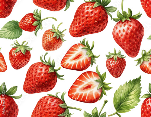 watercolor drawing. Set of Red Strawberry isolated on white background with clipping path. Full Depth of field. Focus stacking.