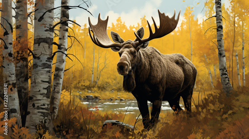 Illustration of an Moose  Alces alces  in a forest