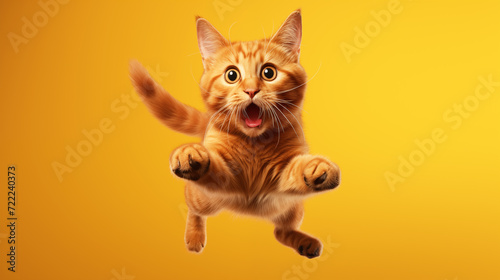 Red cat jumping up and down on a yellow background. The red cat is shocked. A funny looking red cat