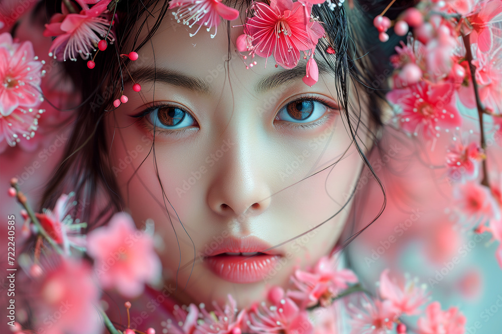 A beautiful Japanese girl in spring flowers A beautiful Japanese girl in spring flowers