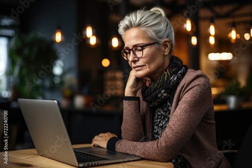 A thoughtful woman in glasses sits at a table, her hand resting on her chin as she uses her laptop, surrounded by the comforts of her indoor space