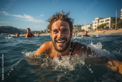 A joyous man embraces the vastness of the ocean, basking in the warmth of the sun as he swims towards the horizon with a beaming smile on his face © Martin