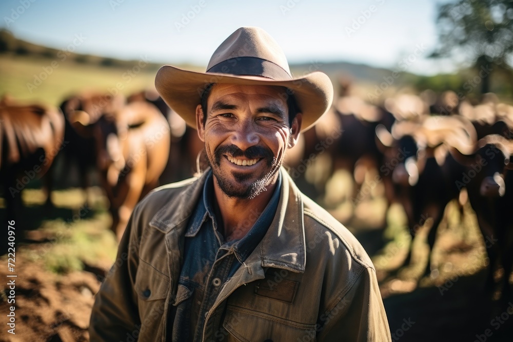A rugged cowboy stands tall in a sun-drenched field, his trusty horse by his side, as he expertly herds his cattle under the wide brim of his iconic cowboy hat