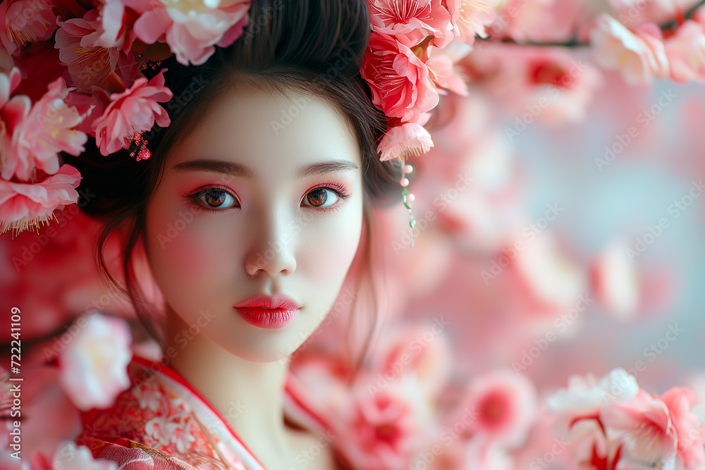  A beautiful Japanese girl in spring flowers