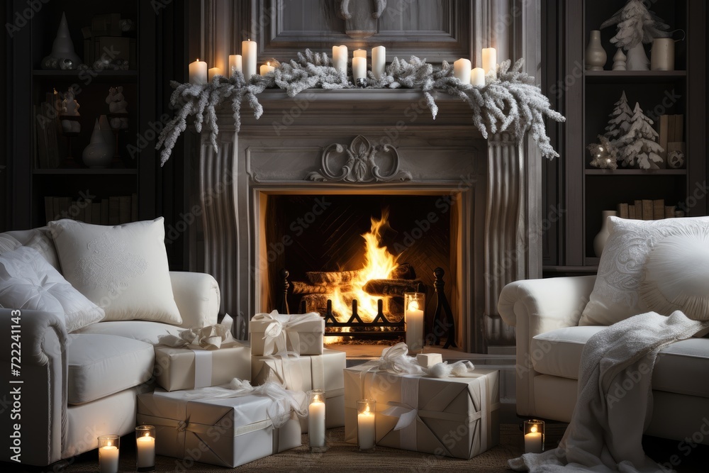 A cozy living room adorned with a crackling fireplace, surrounded by gifts and lit candles, showcasing the perfect blend of comfort and style in an indoor space