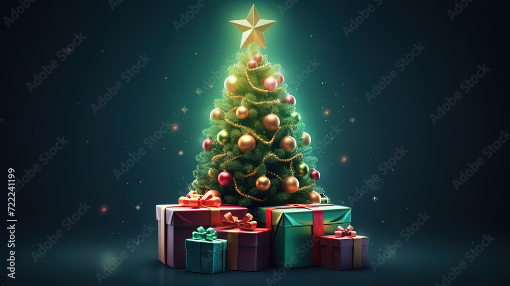 Obraz premium Ornament fir tree on wood table near bank of snow, plant twig, snowflakes and fairy lights