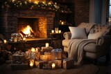 Cozy christmas vibes emanate from the flickering hearth, casting a warm glow on the elegant couch and surrounding furniture adorned with festive candles and presents
