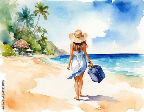 watercolor drawing. Happy traveller woman in tropical beach vacation