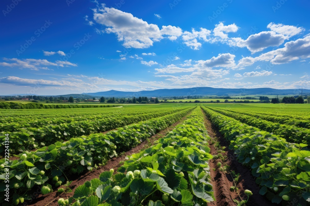 A serene outdoor landscape with endless rows of vibrant green plants under a clear blue sky, showcasing the beauty and productivity of an agricultural cash crop plantation