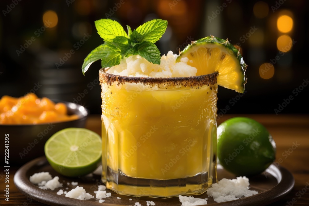 A refreshing and tangy cocktail, garnished with a tropical twist of pineapple and mint leaves, perfect for sipping on a warm day indoors A refreshing and tangy cocktail, garnished with a tropical twist of pineapple and mint leaves, perfect for sipping on a warm day indoors
