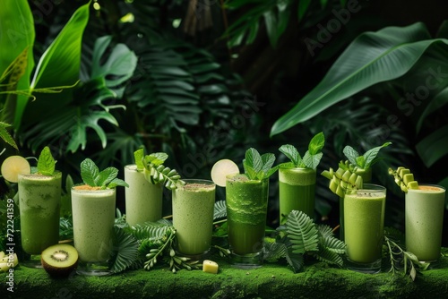 The integration of green smoothies into a natural setting with glasses placed on a rustic wooden surface surrounded by fresh fruits and greenery