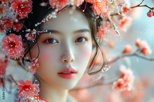  A beautiful Japanese girl in spring flowers