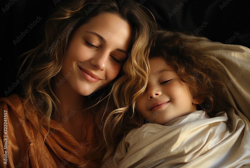 A peaceful mother and daughter slumbering together, their content smiles and gentle skin illuminated by soft indoor light, creating a tender and intimate portrait of love and serenity