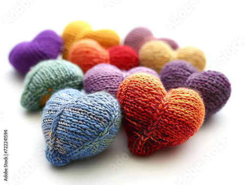 Colorful knitted hearts made of wool isolated on white background. Minimalist style.  
