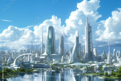 A futuristic city skyline with skyscrapers with built-in recycling facilities and waste-to-energy technologies