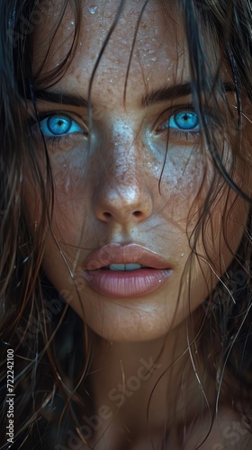 A captivating portrait of a woman with striking blue eyes, highlighting the delicate details of her human face, from her long eyelashes to her flawless skin and perfectly arched eyebrows, captured in
