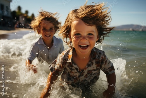 Two young children embrace the joys of summer as they playfully splash in the ocean waves, their faces filled with pure joy and laughter © LifeMedia