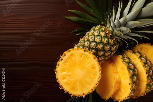 A vibrant burst of tropical flavors collide as a juicy pineapple and its succulent slice showcase the beauty and nourishment of nature's bounty, radiating with the refreshing essence of citrus and th