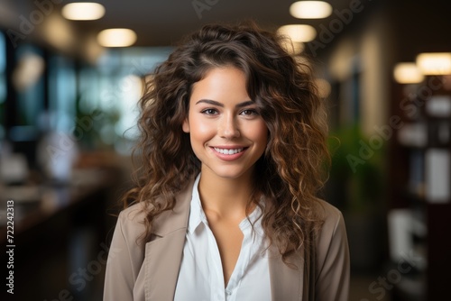 A radiant lady with a genuine smile, her layered brown hair framing her face, stands against a wall in a headshot portrait, exuding warmth and joy