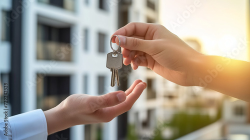 give house keys to the new owner. Real estate concept