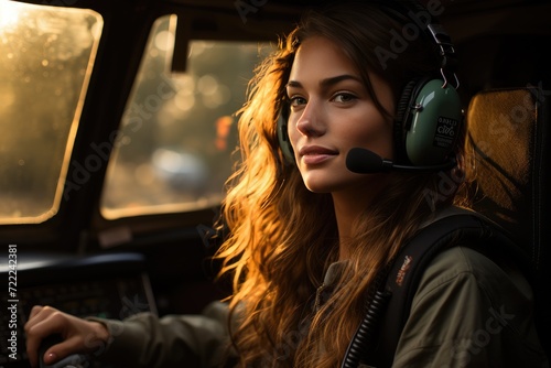 A stylish woman tunes out the world as she takes flight, lost in the music playing through her headphones