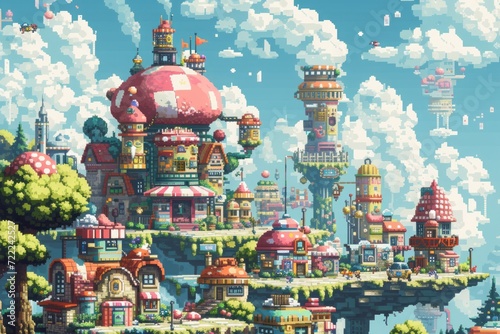 A pixelated digital art representation of the pillow city embracing the charm of retro pixel artistry photo