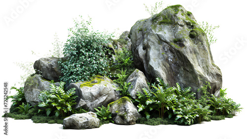 Large rocks with overgrown foliage and moss, plants and foliage around, green nature, isolated on transparent background