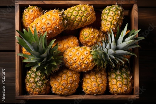 Vibrant ananas group thrives in rustic wooden box, embodying the essence of natural, wholesome and nourishing vegan produce photo