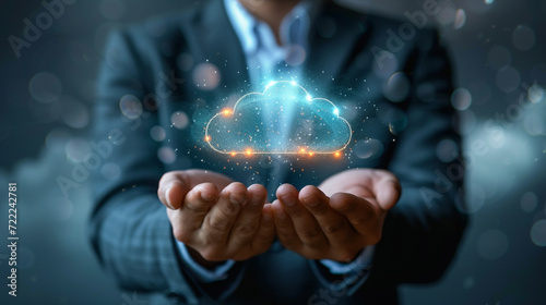 A man wearing suit one hand guesture holding cloud storage icon, illustration of technology of cloud storage technology, tech banner background.