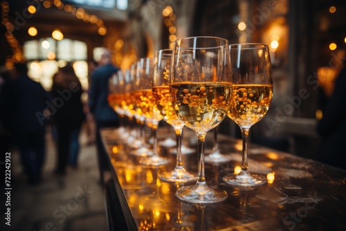 A dazzling display of elegant stemware, holding a variety of delicious drinks, adorns the table in a bustling bar, inviting patrons to indulge in the finest alcoholic beverages