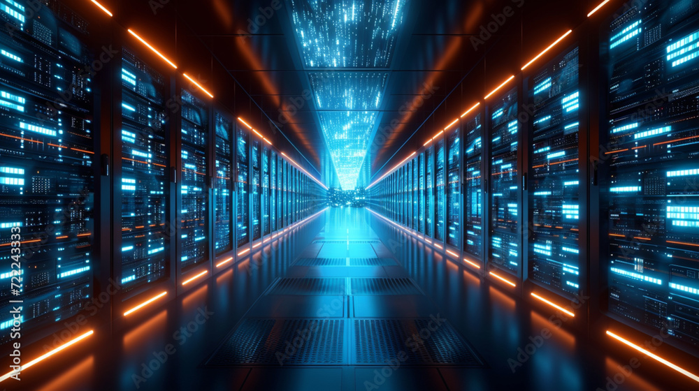 Huge server room with modern technology, illustration of personal data information and files library online and local backup and server upload. - obrazy, fototapety, plakaty 