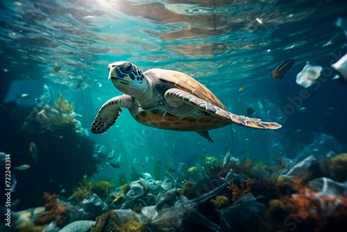 Sea turtle swimming in its habitat contaminated by garbage and human waste. Aquatic pollution concept. Generative AI