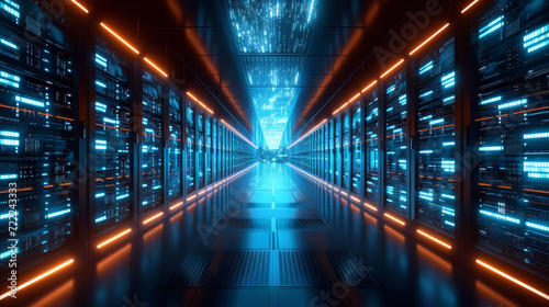 Huge server room with modern technology, illustration of personal data information and files library online and local backup and server upload.
