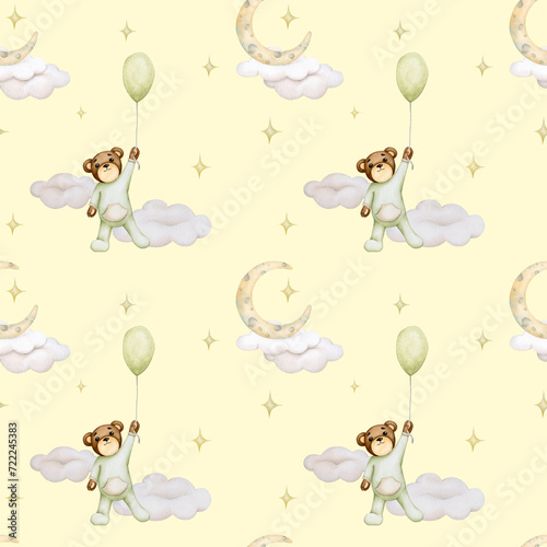 Baby seamless pattern on a yellow background. Little bear cub flies in a balloon. Boy. Watercolor background. Childrens party, baby shower, birthday. Design of wallpaper, wrapping paper, fabric, card.
